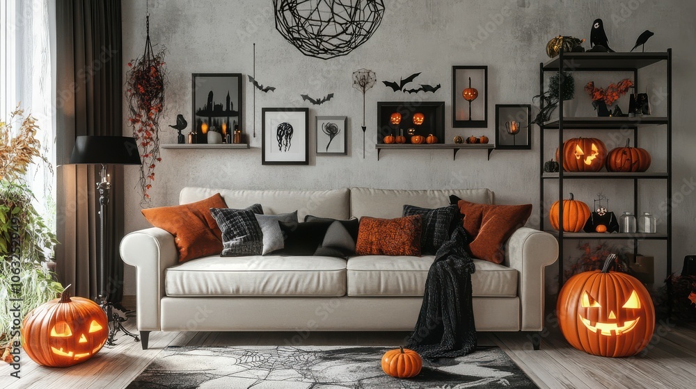 Obraz premium Interior of light living room decorated for Halloween with sofa and shelf units