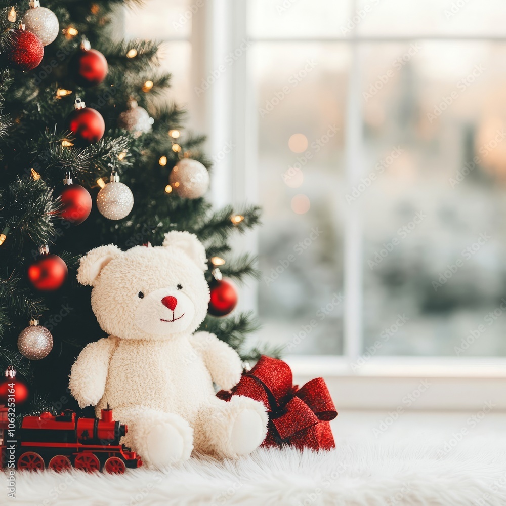 A white teddy bear sits beneath a decorated Christmas tree with presents. A white teddy bear sits beneath a decorated Christmas tree with presents.