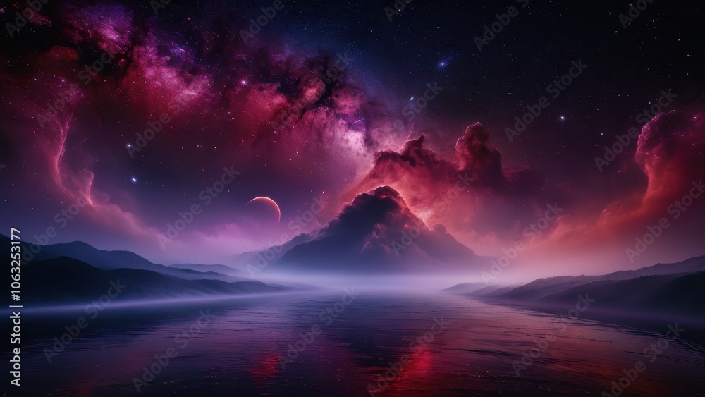 Fototapeta premium A stunning cosmic nebula with vibrant colors of purple, red, and orange swirling against a backdrop of stars, evoking a sense of mystery and wonder