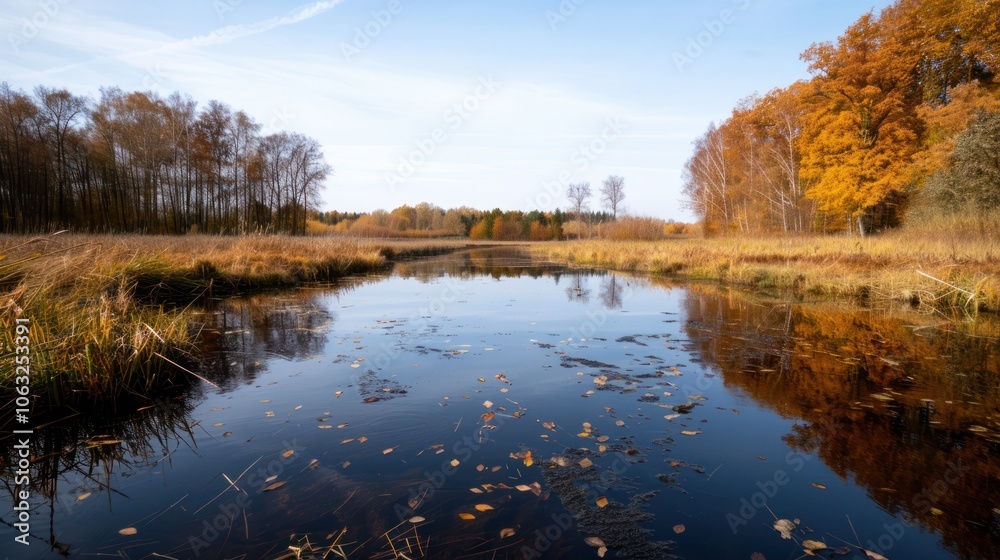 A tranquil autumn scene featuring a calm river reflecting colorful foliage and a clear blue sky. A tranquil autumn scene featuring a calm river reflecting colorful foliage and a clear blue sky.