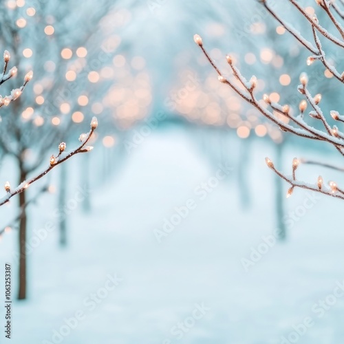 Close-up of bare branches with small buds against a backdrop of snowy trees and twinkling lights in the distance.