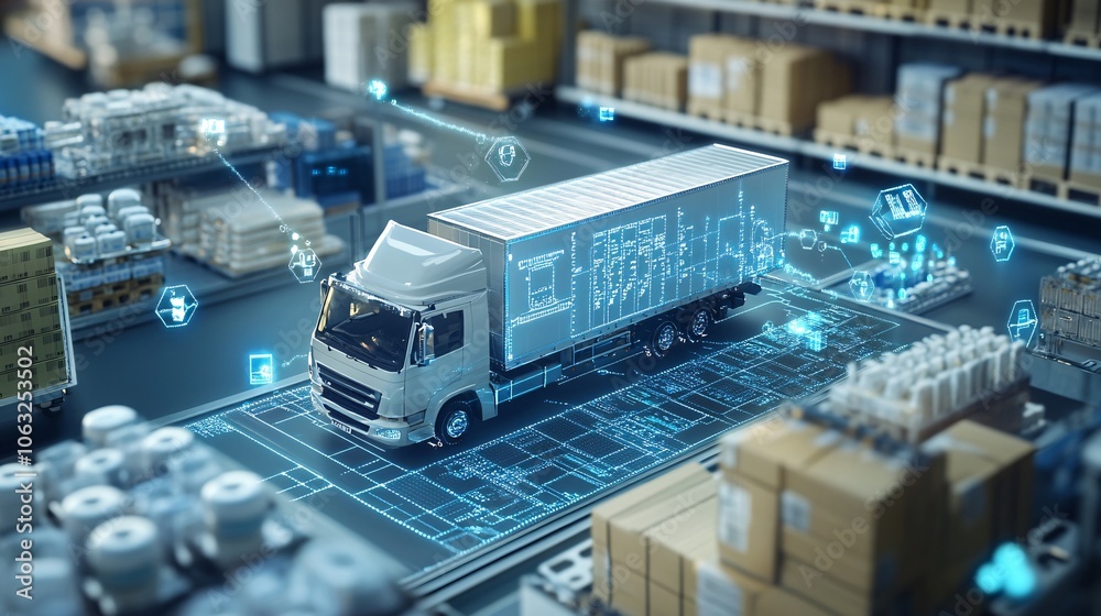 Miniature medical truck in logistics setting for healthcare and emergency supply chain concepts. Miniature medical truck in logistics setting for healthcare and emergency supply chain concepts.