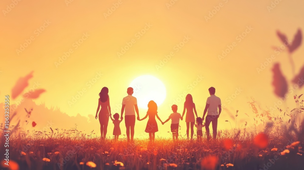 Happy large family: mother, father, children son and daughters on sunset Happy large family: mother, father, children son and daughters on sunset