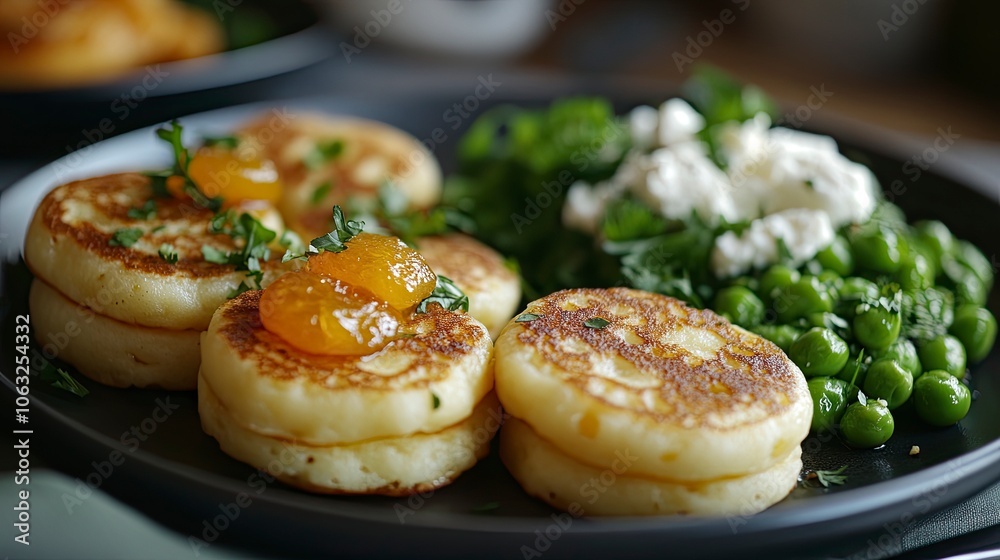 Small, golden-brown pancakes, about 2-3 inches in diameter, arranged in a neat stack or scattered on the plate. Topped with a dollop of apricot jam. a side of mixed peas and feta. ,generative ai Small, golden-brown pancakes, about 2-3 inches in diameter, arranged in a neat stack or scattered on the plate. Topped with a dollop of apricot jam. a side of mixed peas and feta. ,generative ai