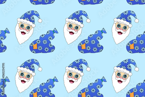 Festive seamless pattern featuring a cheerful Santa Claus in a blue hat and a Christmas bag, perfect for holiday wrapping paper and decor.