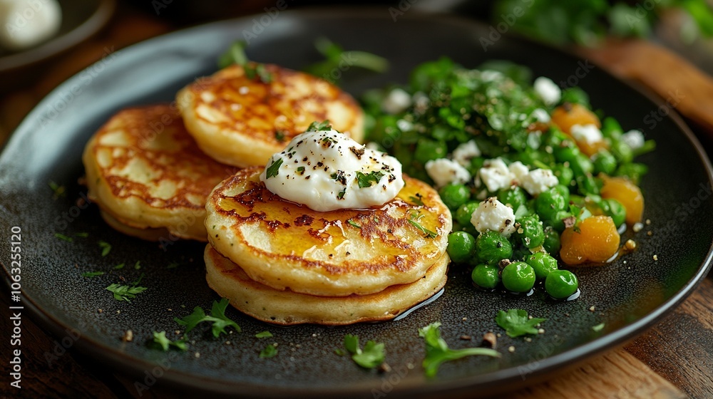 Small, golden-brown pancakes, about 2-3 inches in diameter, arranged in a neat stack or scattered on the plate. Topped with a dollop of apricot jam. a side of mixed peas and feta. ,generative ai Small, golden-brown pancakes, about 2-3 inches in diameter, arranged in a neat stack or scattered on the plate. Topped with a dollop of apricot jam. a side of mixed peas and feta. ,generative ai