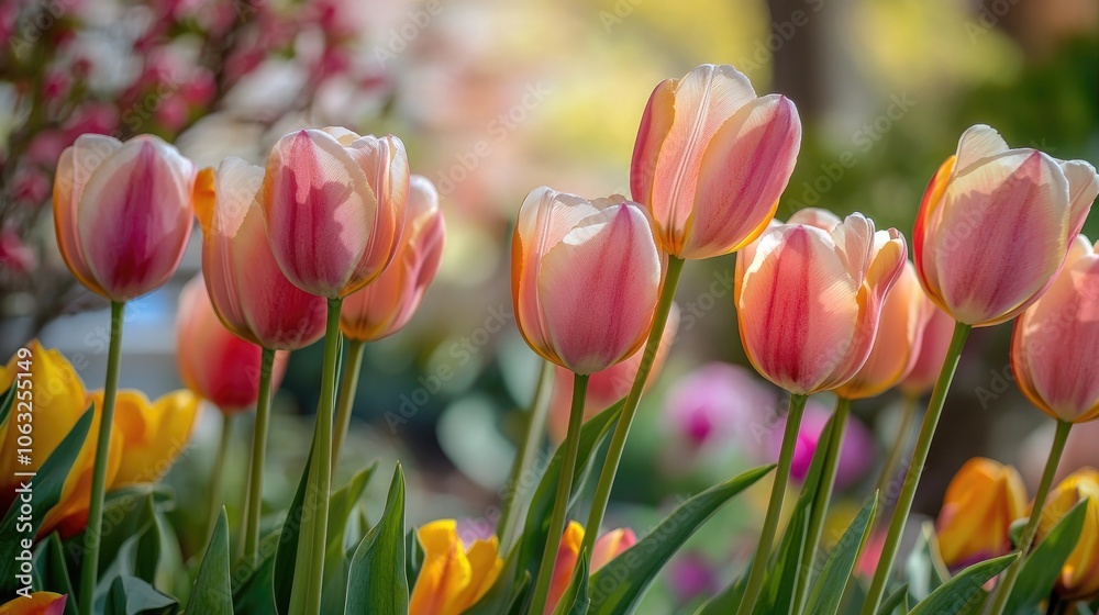 Close up of vibrant tulips in bloom A beautiful arrangement of colorful flowers in a garden setting Close up of vibrant tulips in bloom A beautiful arrangement of colorful flowers in a garden setting