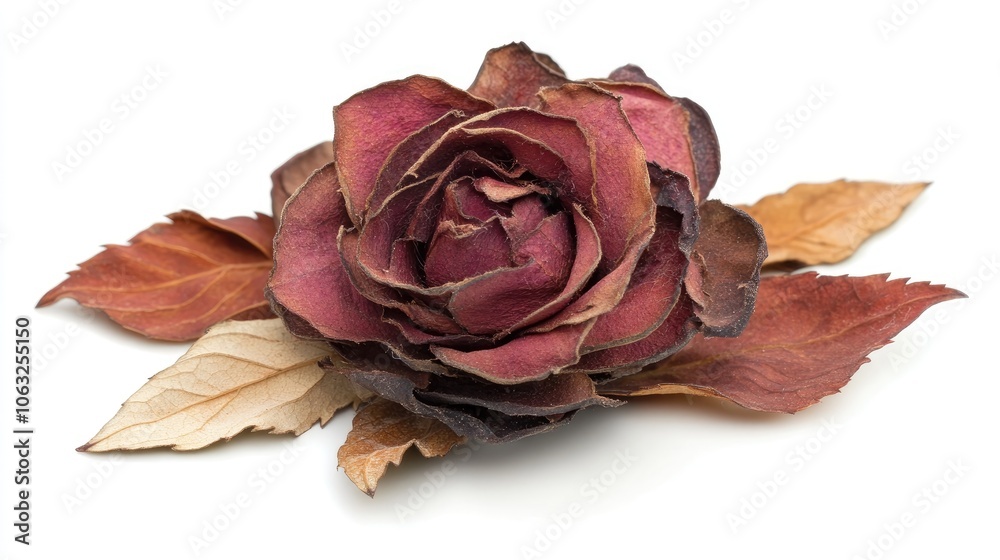 Close up of a dried rose flower head set against a white background featuring dried leaves The rose appears slightly out of focus highlighting the texture and detail of its petals and leaves Close up of a dried rose flower head set against a white background featuring dried leaves The rose appears slightly out of focus highlighting the texture and detail of its petals and leaves