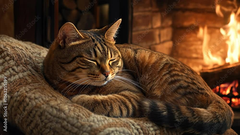 Tabby cat curled up on a soft cushion near a crackling fireplace in a country home Tabby cat curled up on a soft cushion near a crackling fireplace in a country home