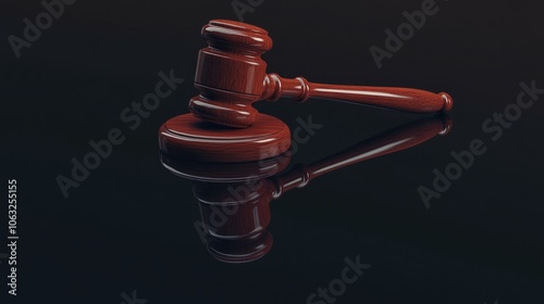 Close up of a wooden judge s gavel on a reflective surface viewed from the side representing judicial authority photo