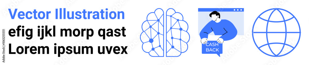 Man with Cash Back sign, neural network, and globe icon in blue and white. Ideal for e-commerce, fintech, AI, global trade, web design, tech tutorials, and educational content. Landing page Man with Cash Back sign, neural network, and globe icon in blue and white. Ideal for e-commerce, fintech, AI, global trade, web design, tech tutorials, and educational content. Landing page