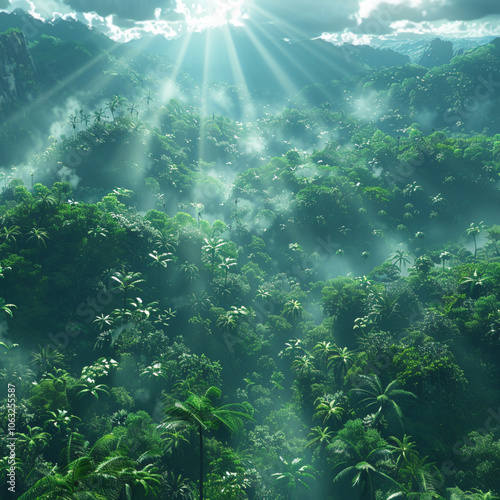 The sun's rays fall deep into a dense forest