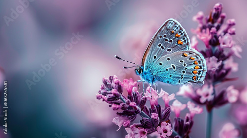 Butterfly on violet grass in nature with soft ambient light