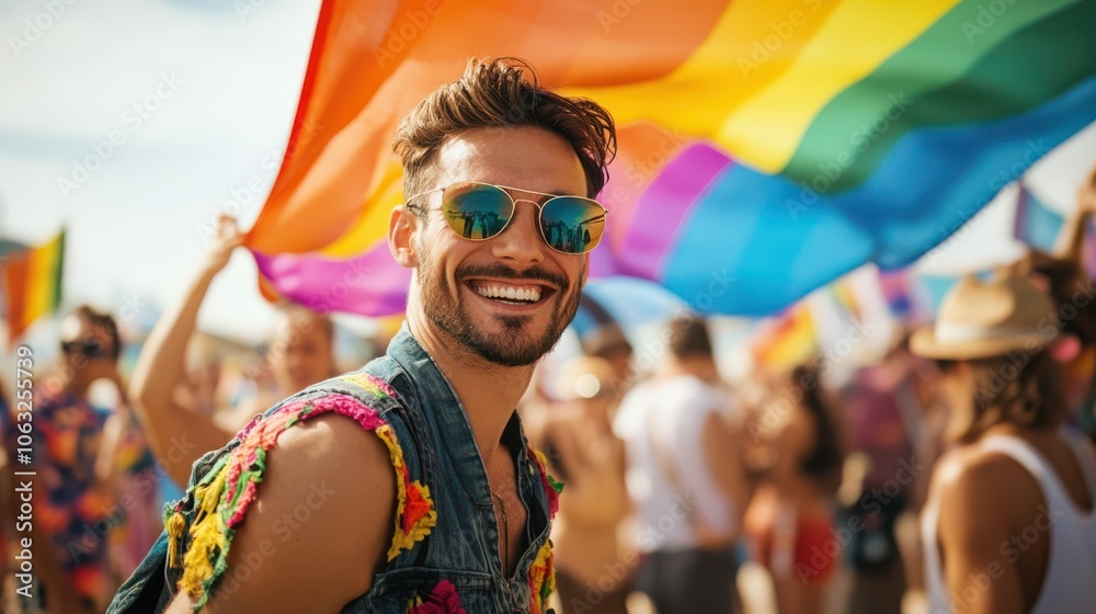 Man at pride festival or beach party, happy smiling under gay rainbow flag. People on beach open air festival or summer street Man at pride festival or beach party, happy smiling under gay rainbow flag. People on beach open air festival or summer street