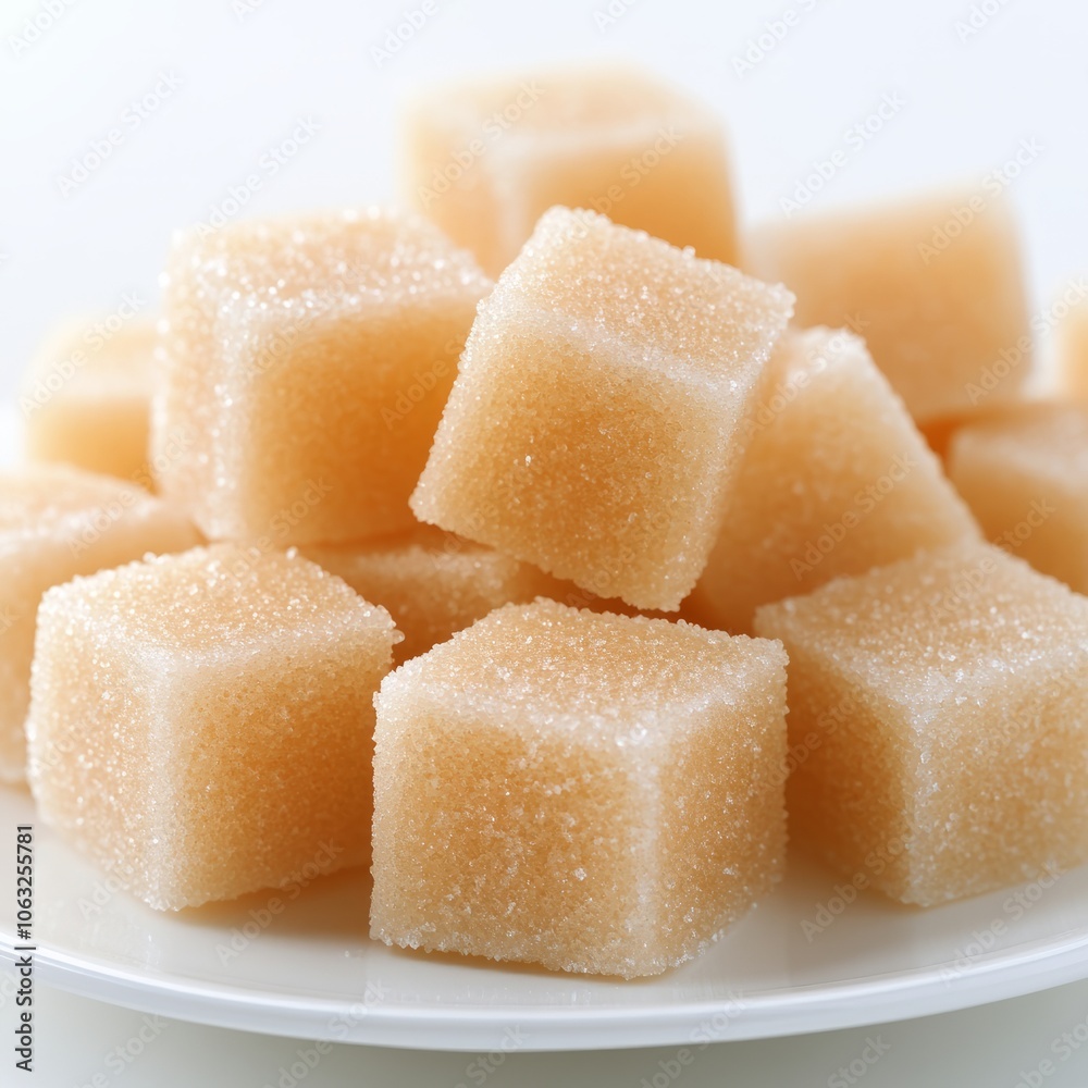 A close-up of sugar cubes arranged on a white plate.