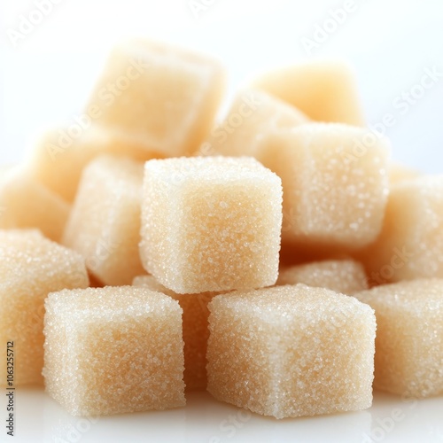 A close-up of light brown sugar cubes stacked together.