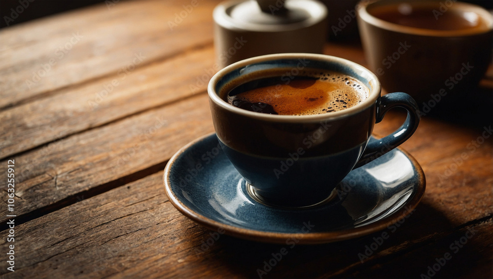 Hot black coffee in a ceramic mug, placed on a rustic wooden table with a cozy, warm background. Hot black coffee in a ceramic mug, placed on a rustic wooden table with a cozy, warm background.