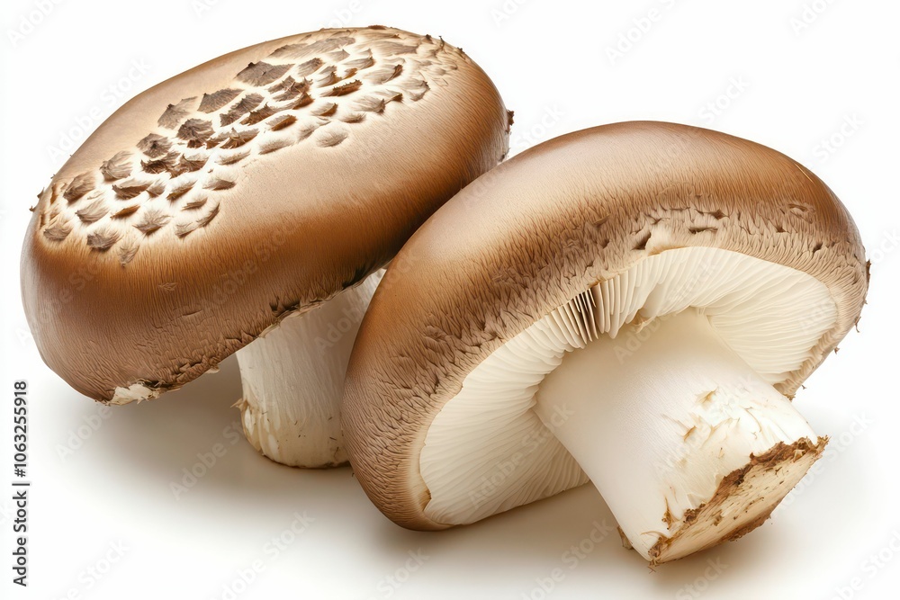 Fototapeta premium two brown champignon mushrooms isolated on a white background 