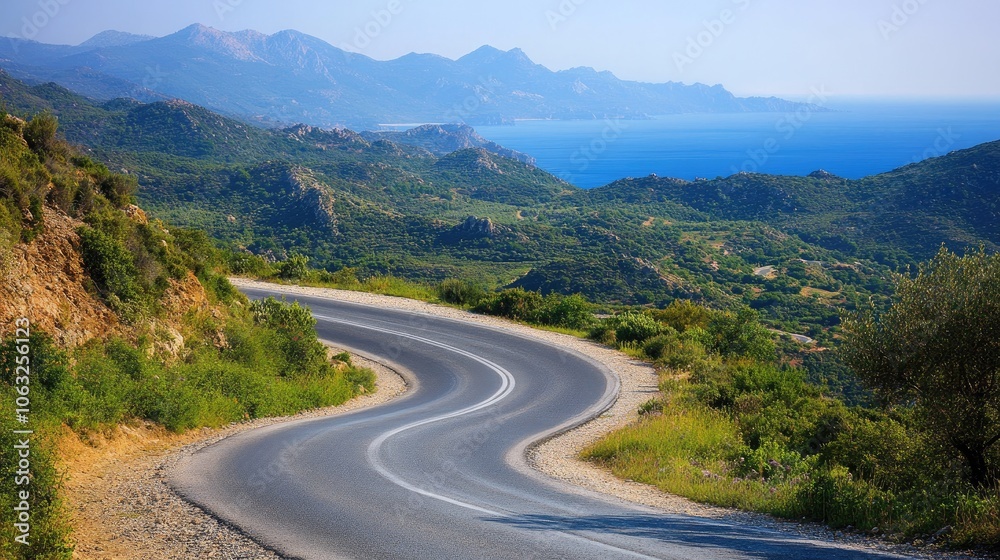 Naklejka premium Curving road meandering through a picturesque landscape featuring mountains sea and clear skies during the early morning hours