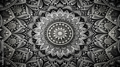 Sharp black and white mandala, profound depth of field, exquisite detail.