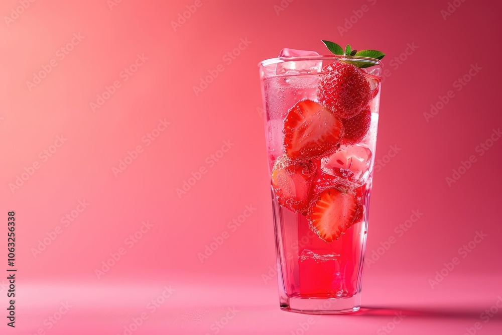 Glass of Sparkling Strawberry Drink with Ice Cubes Glass of Sparkling Strawberry Drink with Ice Cubes