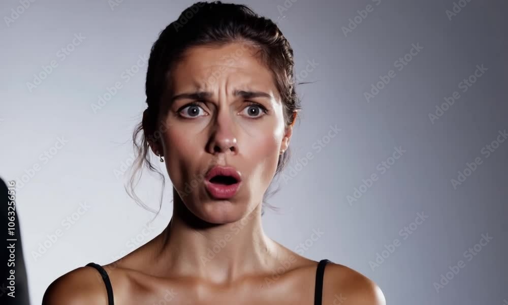 Close-up portrait of a young woman with a surprised expression