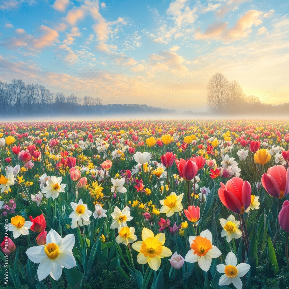 Obraz premium Spring morning mist rising over a blooming field of daffodils and tulips