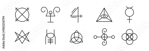 Minimalistic black symbol set featuring mystical icons like the pentagram, triangle, and eye. Inspired by sacred geometry, this collection is ideal for esoteric and occult themed art.