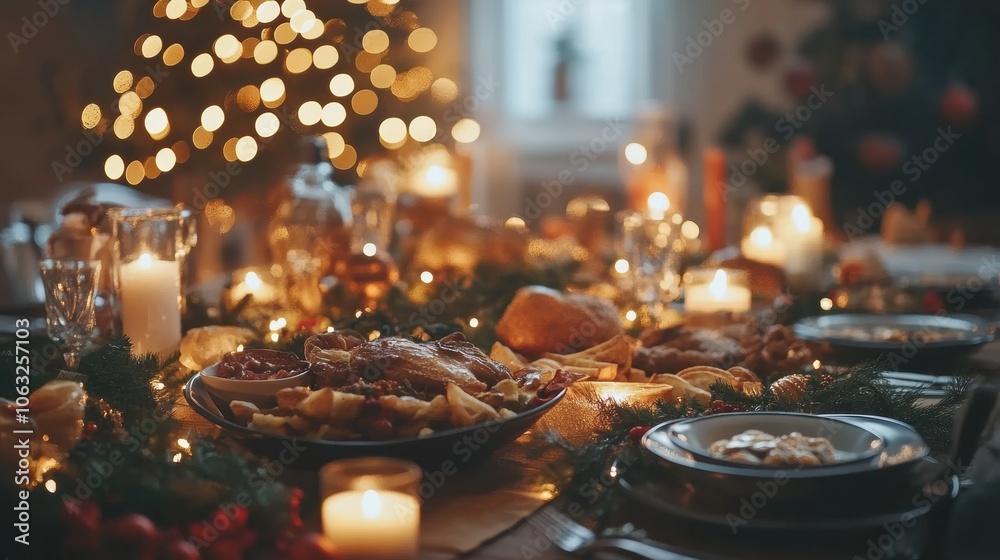 The table is elegantly set with Christmas dishes, surrounded by candles and garlands, creating a warm holiday atmosphere for guests. Generative AI The table is elegantly set with Christmas dishes, surrounded by candles and garlands, creating a warm holiday atmosphere for guests. Generative AI