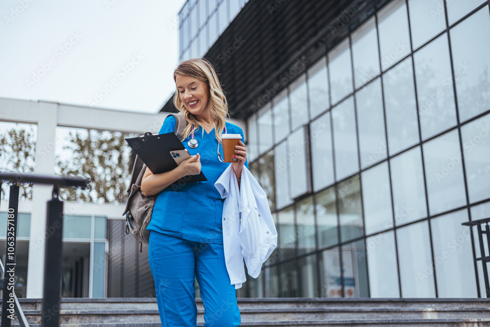 Fototapeta premium Smiling Nurse Walking Outside Modern Hospital Building