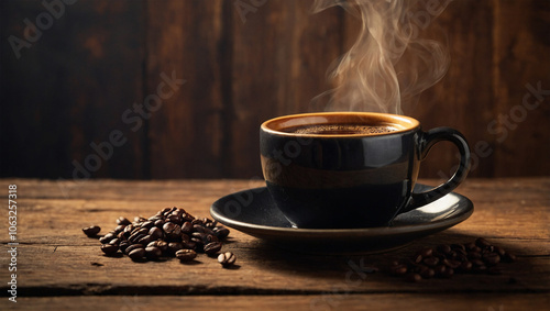 Hot black coffee in a ceramic mug, placed on a rustic wooden table with a cozy, warm background.