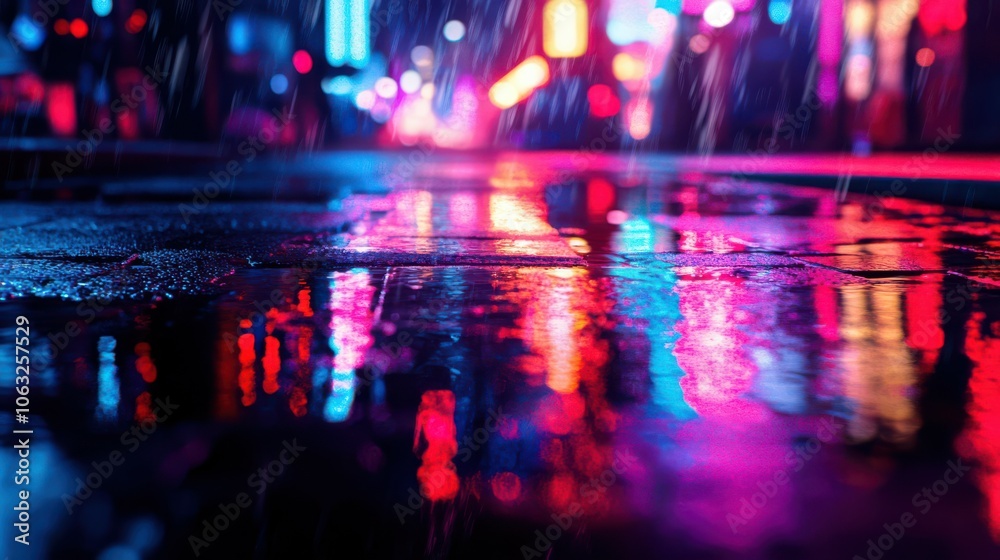Multi-colored neon lights on a dark city street, reflection of neon light in puddles and water. Abstract night background, blurred bokeh light. Night view colorful Multi-colored neon lights on a dark city street, reflection of neon light in puddles and water. Abstract night background, blurred bokeh light. Night view colorful