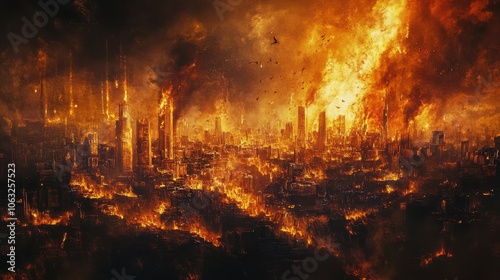 dramatic portrayal of Lotâ€™s escape from Sodom as fire and brimstone rain down on the city, symbolizing divine judgment and mercy,