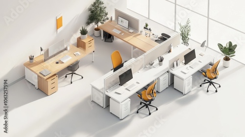 Overhead view of a bright, organized office with a few desks, ergonomic chairs, and simple decor, creating an inspiring atmosphere