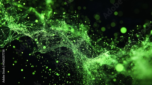 mesmerizing display of green particles interweaves in a dark expanse, showcasing the dynamic interactions and connections within a vibrant ecosystem, evoking curiosity and wonder.