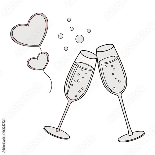 two glasses of champagne and a heart, Two sparkling glasses of champagne or wine. Cheers icon. Retro style vector illustration isolated on white background