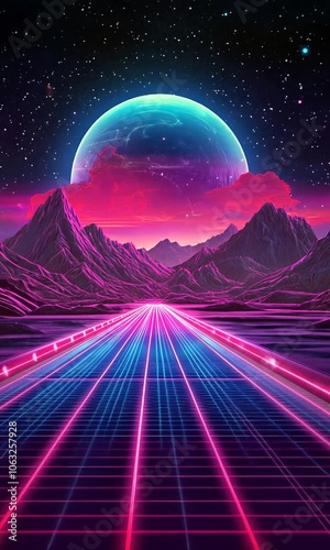A neon sky with a large planet in the background. Vertical 3D Animation, Retro Sunset Glowing Over Futuristic Mountains