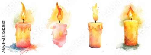 Colorful watercolor candles with dripping wax and vibrant flames transparent background
