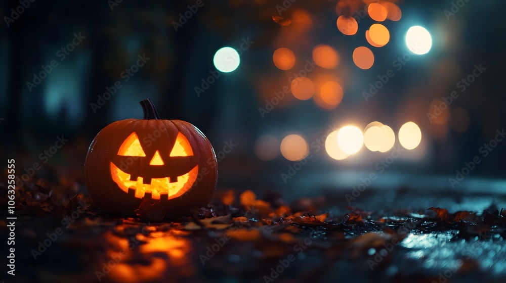 Illuminated Jack-o'-Lantern on a Dark Night with Blurred Lights and Fallen Leaves Illuminated Jack-o'-Lantern on a Dark Night with Blurred Lights and Fallen Leaves