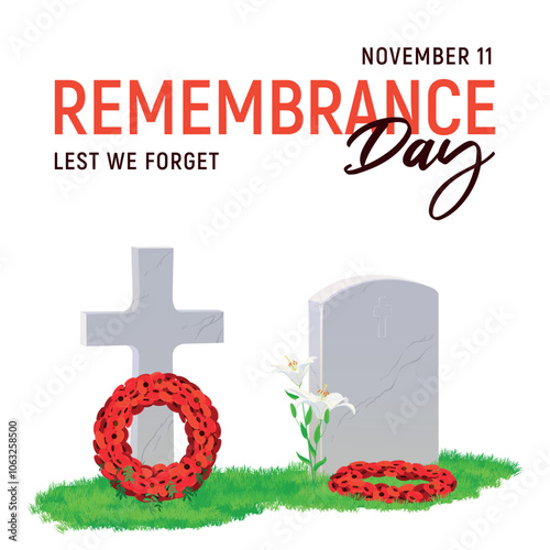 White marble gravestone and cross on green grass, wreath of red poppies. The grave is decorated for ANZAC Day, April 25, 2025. Commemorative date in Australia and New Zealand. Vector in flat style.