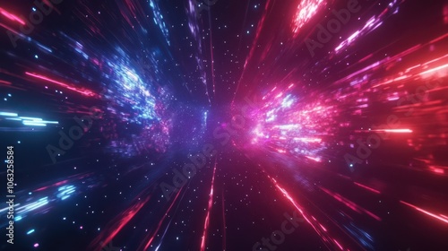 Hyperjump in space. Multicolored glowing neon rays. High speed tunnel motion zooming