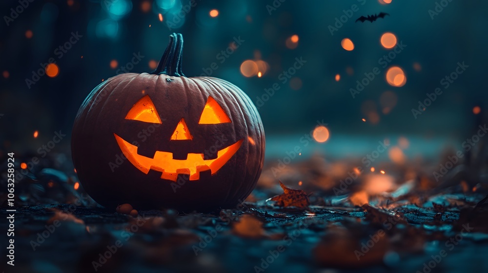 Illuminated Jack-o'-lantern with a Glowing Smile in a Dark Forest Setting Illuminated Jack-o'-lantern with a Glowing Smile in a Dark Forest Setting