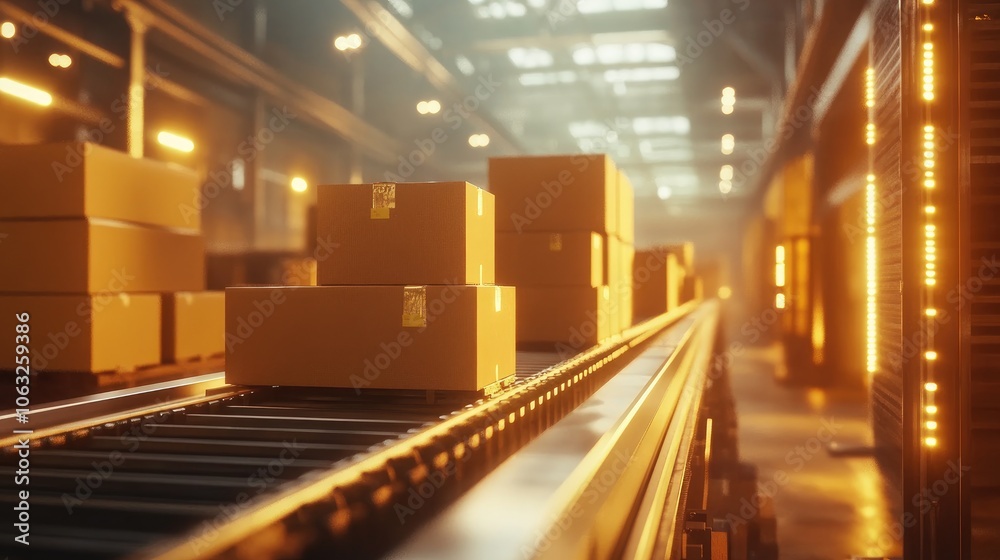 Conveyor Belt with Stacked Cardboard Boxes in a Dynamic Warehouse Setting Featuring Bright Lighting and Industrial Surfaces Conveyor Belt with Stacked Cardboard Boxes in a Dynamic Warehouse Setting Featuring Bright Lighting and Industrial Surfaces