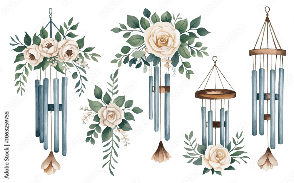 Fototapeta premium Watercolor Illustration of Five Floral Wind Chimes for Outdoor Spaces