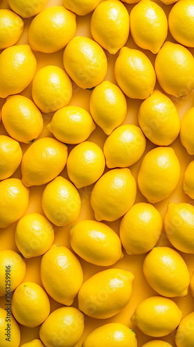 Close-up top down view of whole, fresh, ripe yellow lemons arranged closely next to each other as a background organic lemon fruit