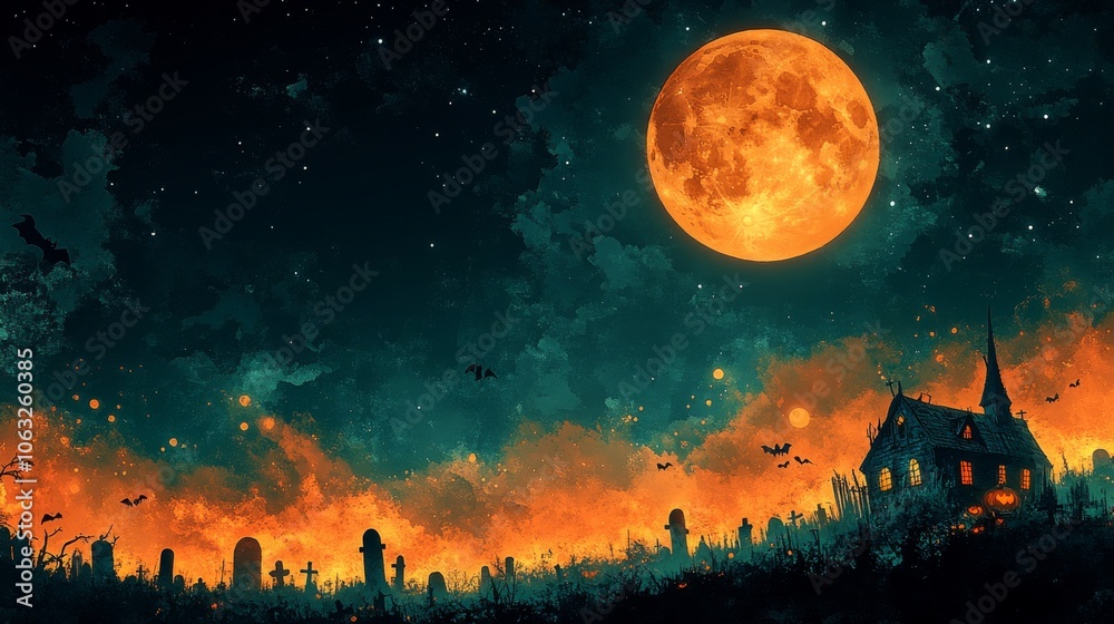 Haunted house in a graveyard under a giant orange moon and starry sky with bats flying around Haunted house in a graveyard under a giant orange moon and starry sky with bats flying around
