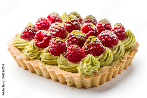 Raspberry tart with a green frosting. The tart is cut into a square shape and has a lot of raspberries on top