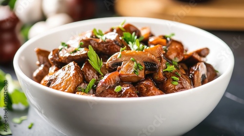 Delicious meat dish featuring mushrooms and herbs elegantly served in a white bowl ideal for culinary inspiration