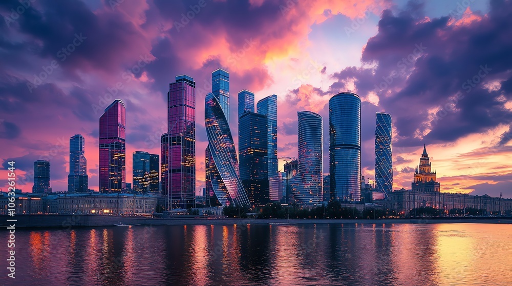 Fototapeta premium A view of the Moscow skyline with a beautiful sunset.