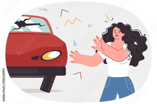 Woman got into car accident due to violation of traffic rules, stands near broken automobile